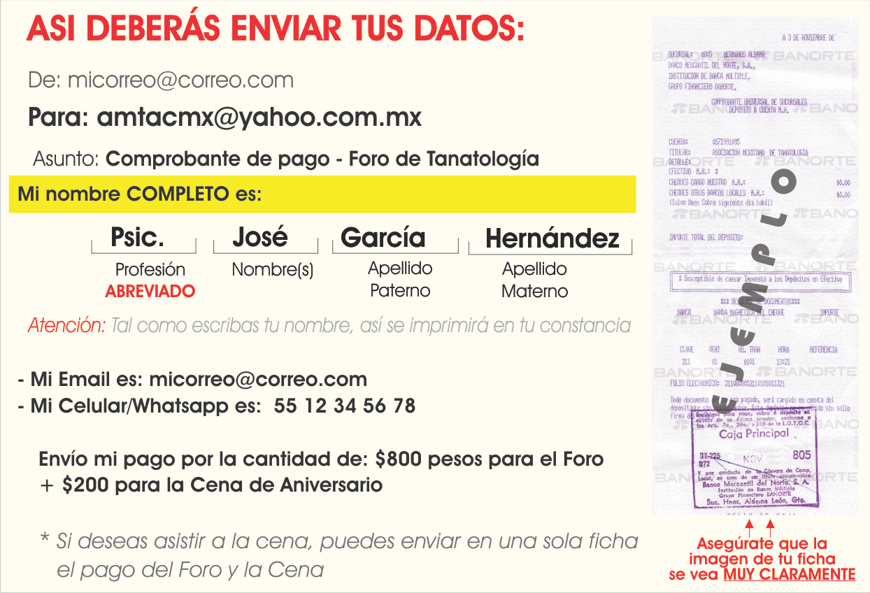 Ejemplo de como debe enviar sus datos para inscribirse al Foro de Tanatología