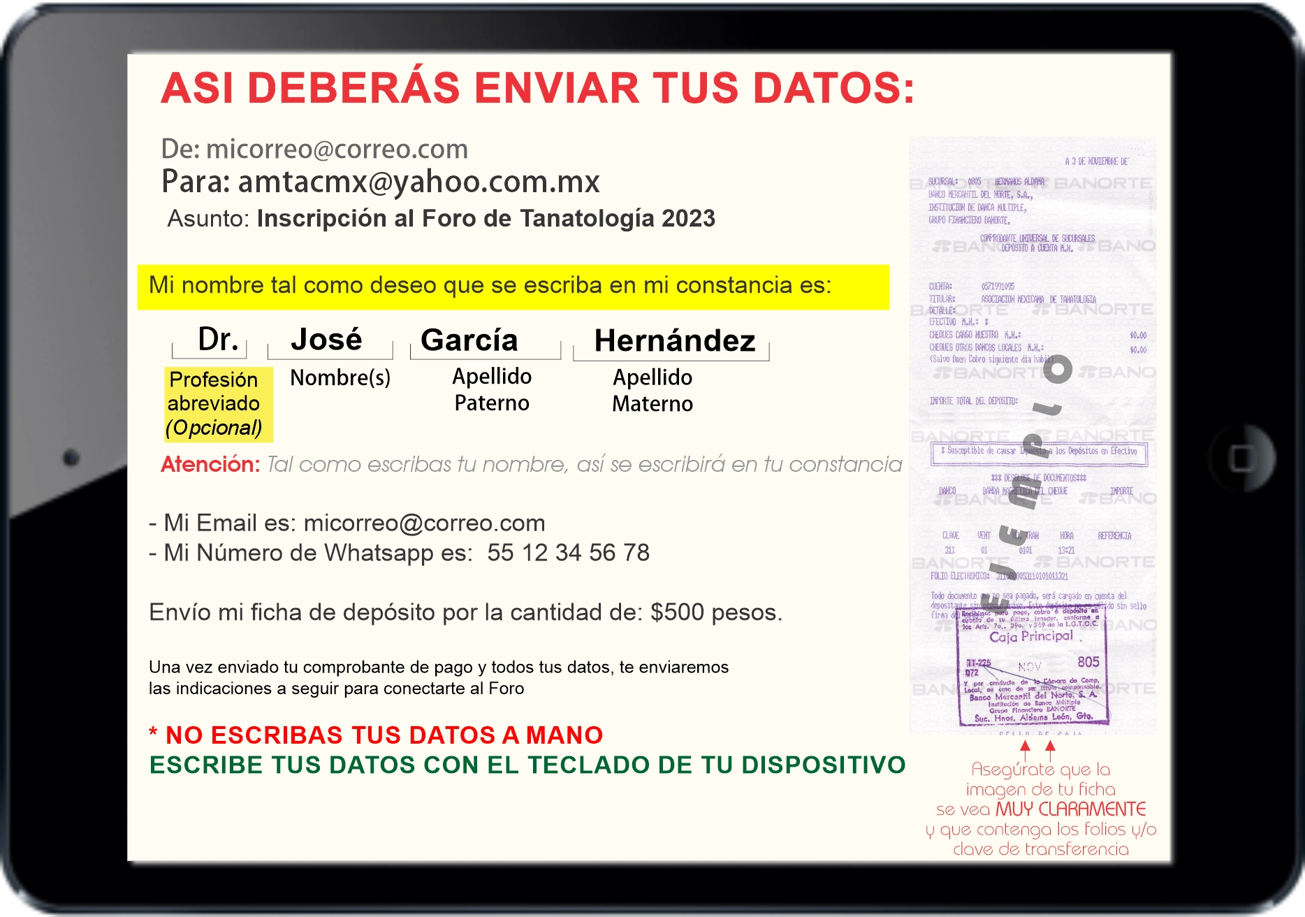 Ejemplo de como debe enviar sus datos para inscribirse al Foro de Tanatología