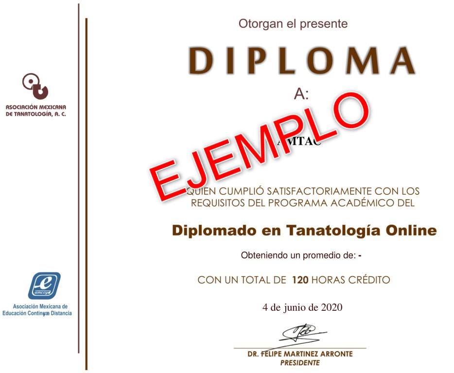 Diploma que se otorga al finalizar el Diplomado en Tanatología Online