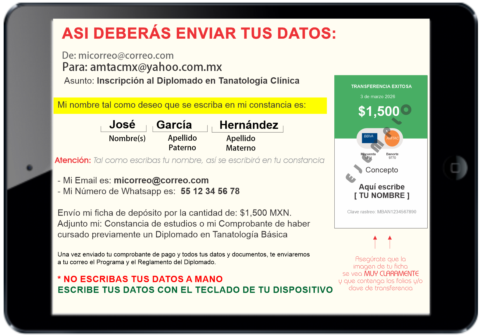 Ejemplo de como debe enviar sus datos para inscribirse al Diplomado