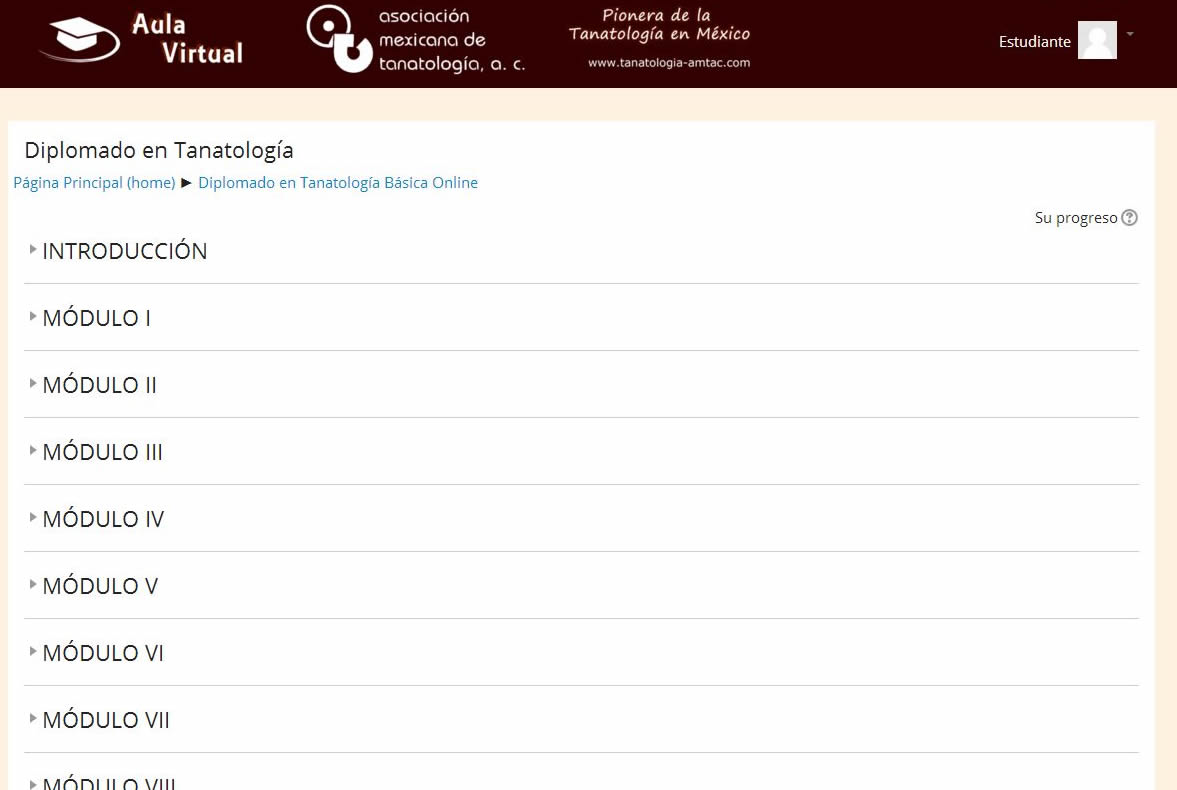 Captura del Aula Virtual del Diplomado en Tanatología Online