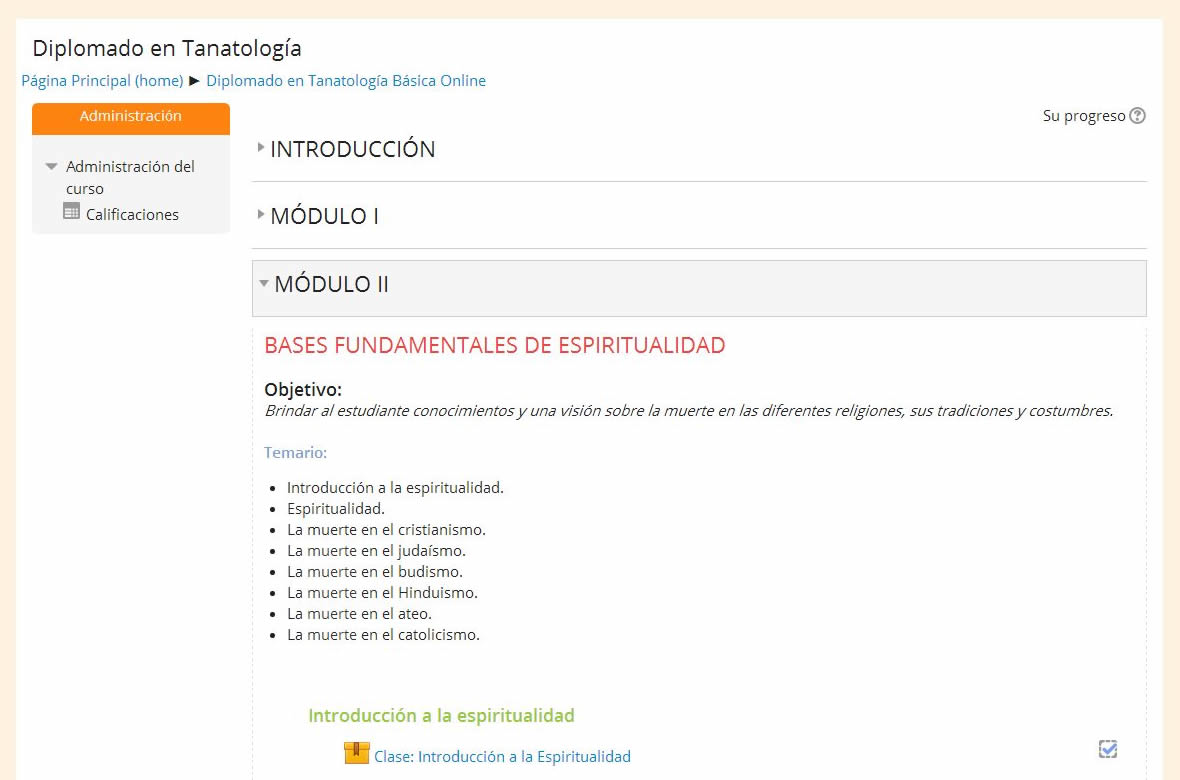 Captura del Aula Virtual del Diplomado en Tanatología Online